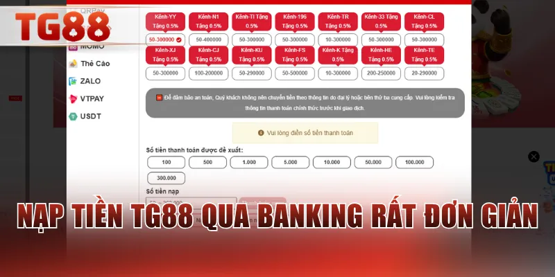 Nạp tiền TG88 qua banking rất đơn giản